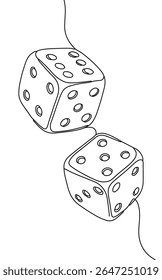 Two dice one line drawing. Continuous line cubes chance risk gambling art. Casino games luck probability fun. Minimalist style white background vector