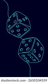 Two dice one line drawing. Continuous line cubes chance risk gambling art. Casino games luck probability fun. Minimalist style dark blue background vector