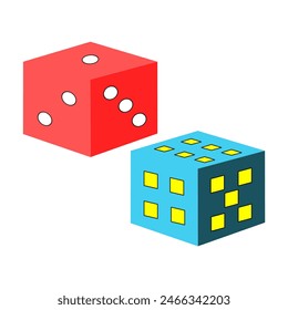 Two dice: one is red with circular dots, and the other is blue with square dots. The red die features traditional round pips with white color, while the blue die has yellow tiles shape dots.