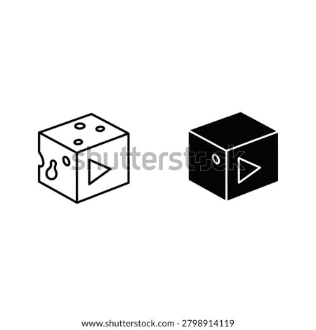Two dice with play button symbol on white and black background entertainment contrast