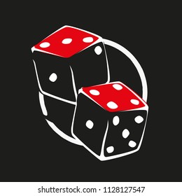 Two dice in white and red scale on dark background. Fortune icon or symbol for gamble.