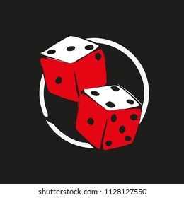 Two dice in white and red scale on dark background. Fortune icon or symbol for gamble.