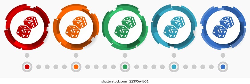 Two dices, casino concept vector icon set,  modern design abstract web buttons in 5 color options, infographic template for webdesign and mobile apps