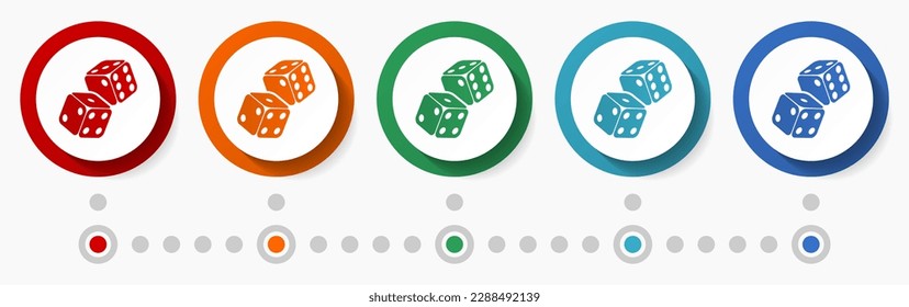 Two dices, casino concept vector icon set, flat design colorful buttons, infographic template in 5 color options