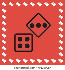 Two Dices icon flat. Simple black pictogram on red background with white hearts for valentines day. Vector illustration symbol