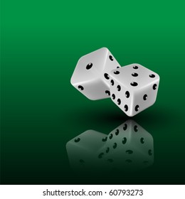 two dices on green background with reflection, vector illustration