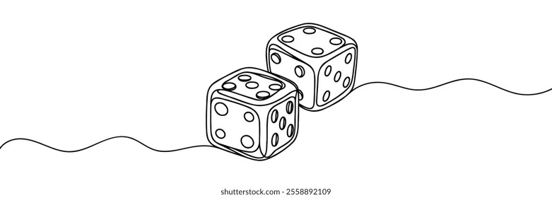 Two dices one line vector illustration. Continuous contour drawing of game dice.