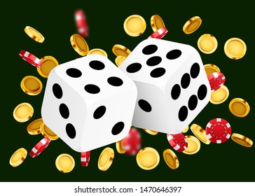 Two dices, surrounded by coin explosion. Luck banner. Casino concept. Vector illustration