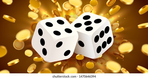 Two dices, surrounded by a luminous frame and coin explosion. Luck banner. Casino concept. Vector illustration