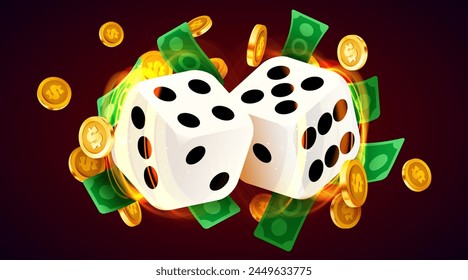 Two dices, surrounded by a luminous frame and coin explosion. Luck banner. Casino concept. Vector illustration