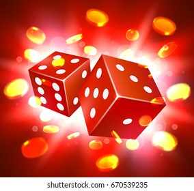 Two dices, surrounded by a luminous frame and coin explosion. Luck banner. casino concept. Vector illustration