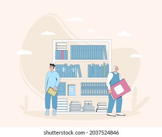 Dos edades diferentes con libros. Hincha literaria. Amante de los libros. personajes masculinos ancianos y jóvenes con biblioteca. Ilustración vectorial.