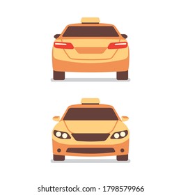 Two different angle of yellow taxi car public transportation service front and back view flat isolated objects vector illustration