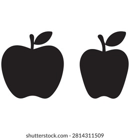 Two different apple icons in black. Fresh fruit symbols with leaves. Vector shapes for grocery labels and wellness concepts.