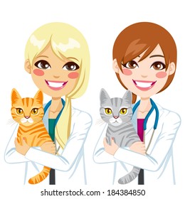 Two different beautiful young female veterinarians hugging cute kitty cats 