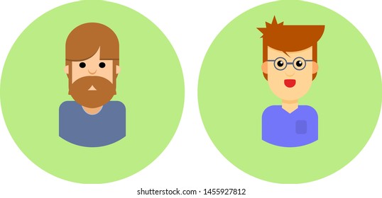 Two different boys avatar flat design. One boy with glasses, other boy with beard and moustache