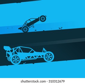 Two different buggy-car on abstract blue background, speed race illustration