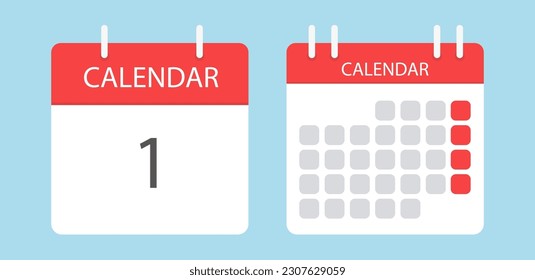 Two different calendar icons. Calendar to tear off every day. Vector illustration in flat style. Isolated on a light blue background.