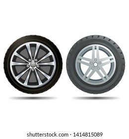 Two different car wheels on a white background