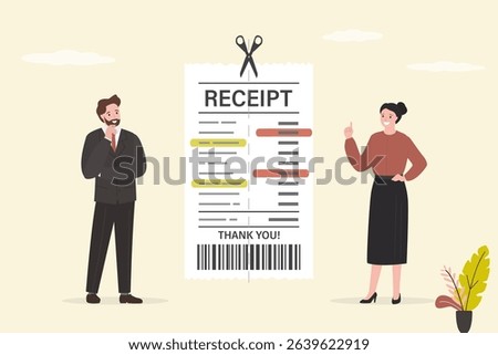 Two different characters sharing receipt as they split expenses. Equality, reflecting modern financial habits and community life in urban setting. Male and female persons standing near paper receipt.