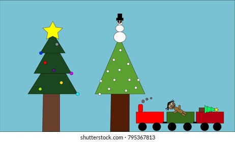Two different Christmas trees and a toy train vector on a blue background