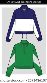 Two different Color Block Cropped winter Sweatshirts Flat Sketch vector
