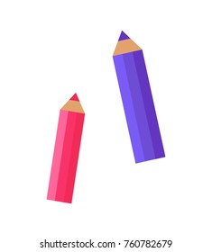Two different color cartoon pencils pink and purple lay next to each other. Vector illustration is isolated on bright white background