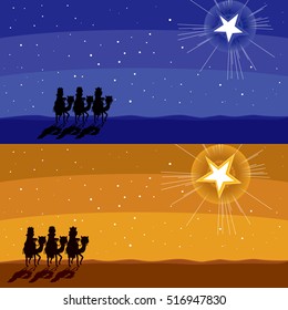 Two different color Christmas banner of three kings silhouette following shining star