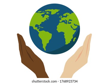 Two different color hands holding a world globe. The globe is green and blue. Concept about planet earth, world environmental and it's people. All lives matter.