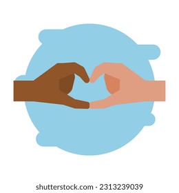 Two different color hands make love sign vector illustration. Diversity multicultural fingers make a heart shape poster design