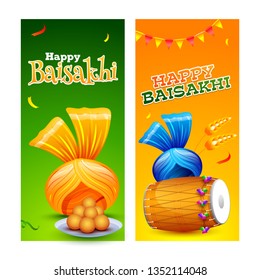 Two different color template for flyer design with stylish text of Happy Baisakhi, decoration of bunting and festival element on green and orange background.
