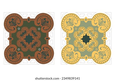 Two different colored baroque tiles isolated on white background. Vintage colorful ornaments.