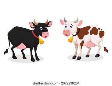 Two different colored cows isolated on white background. Cartoon Cow vector illustration. Farm animal