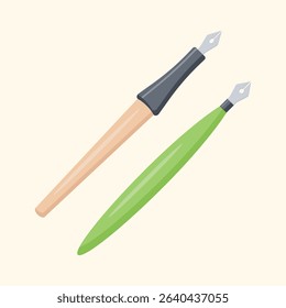 Two different colored illustration fountain pens, one light beige tan and the other light green, are shown in profile view. Both pens have a pointed nib tip and a handle.