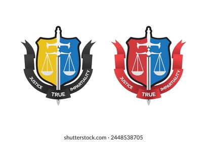 Two different colored logos for justice true impartiality. Logos red black and yellow.