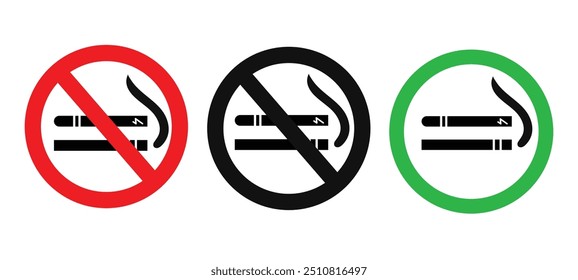 Zwei verschiedene farbige Nichtraucher-Symbole und eines für das Rauchen ist hier erlaubt, Das erste ist rot, das zweite schwarz und das dritte grün