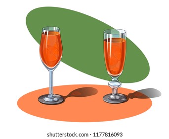 Two different cristal glasses with champagne cocktail with pieces of orange inside. Isolated vector.