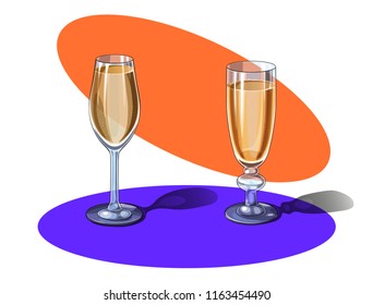 Two different crystal glasses with champagne. Isolated vector.