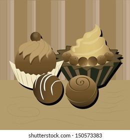 two different cupcakes of chocolate with balls of chocolate in a chocolate background