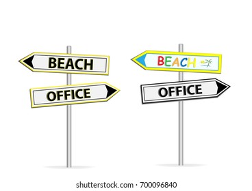 Two different design of road signs Office Beach isolated on white background