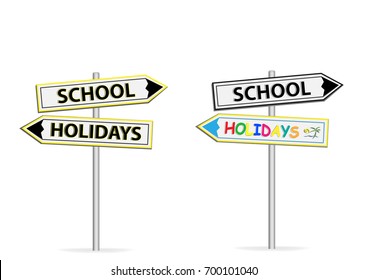 Two different design of road signs School Holidays isolated on white background