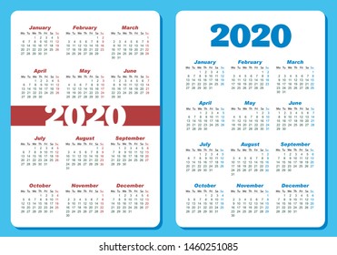 Two different designs for vertical pocket calendar. Red and blue Vector template calendar for business on white paper.