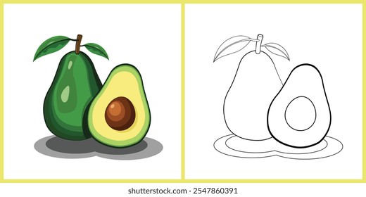 Two different drawings of an avocado (coloring page)