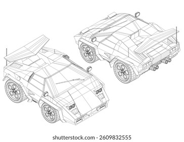Two different drawings of a car, one with the hood up and the other with the hood down. The car with the hood up appears to be a sports car, while the one with the hood down is a more traditional car
