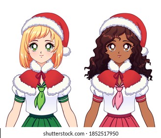 Two different ethnic anime girls wearing japanese school uniform and Christmas hat.