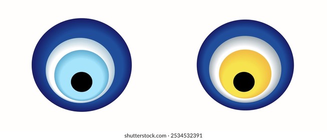 Two different evil eye amulets, traditional symbols of protection from negative energy. The left features a classic blue evil eye design, while the right presents a modern interpretation in yellow ton