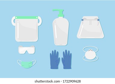 Two different face protection sets with disinfectant alcohol gel bottle and medical rubber gloves for new normal outside lifestyle while Covid-19 pandemic concept