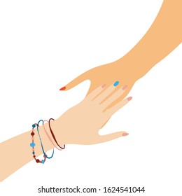 Two different female hands as helping hand idea. Sisterhood vector illustration. Feminist community, cooperation, support and friendship cartoon flat concept