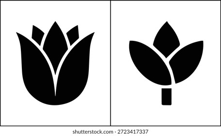 Dois ícones florais diferentes tulipa arredondada suave com pétalas detalhadas e flor de folha simplificada ideal para projetos de jardim de botânica da natureza