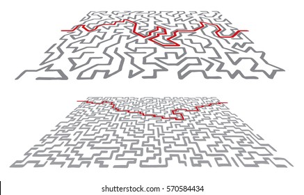 Two different gray marker lines based maze patterns, with red path offering solution, in perspective